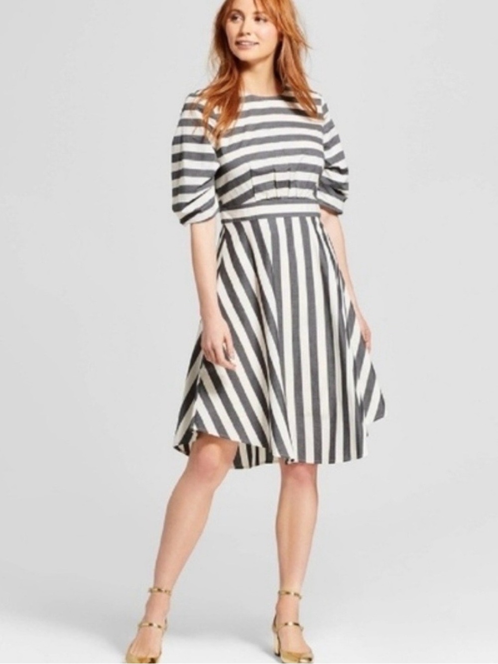 Who What Wear Striped A-Line Fit & Flare Midi Dress M Medium Cotton Black White